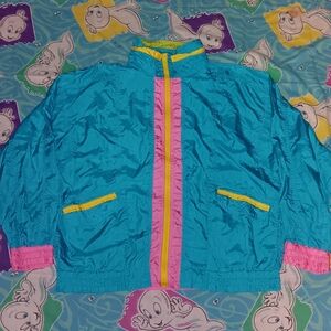 80s Diana Marcc Zip Up Windbreaker Jacket Vintage Blue Yellow Pink